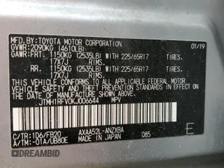 2019 Toyota RAV4 LE with VIN JTMH1RFV0KJ006644, listed as a Copart auction lot 59546835 with 101,050 mi miles and Salvage title. Bid and sale history available at DreamBid. Image 14.