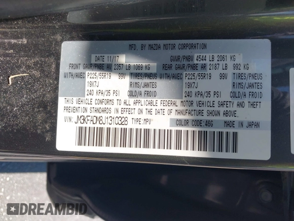 2018 Mazda CX-5 Grand Touring with VIN JM3KFADM8J1310328, listed as a IAAI auction lot 42322780 with 106,378 mi miles and . Bid and sale history available at DreamBid. Image 9.