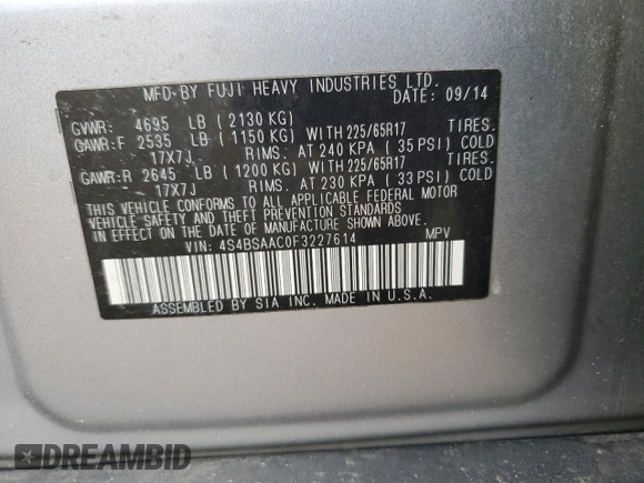 2015 Subaru Outback 2.5i with VIN 4S4BSAAC0F3227614, listed as a Copart auction lot 60793365 with 156,956 mi miles and Clean title. Bid and sale history available at DreamBid. Image 14.
