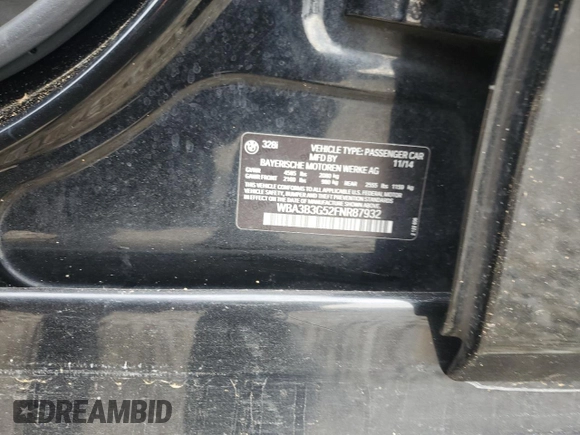 2015 BMW 3 Series 328i xDrive with VIN WBA3B3G52FNR87932, listed as a Copart auction lot 44368485 with Not provided miles and Salvage title. Bid and sale history available at DreamBid. Image 14.
