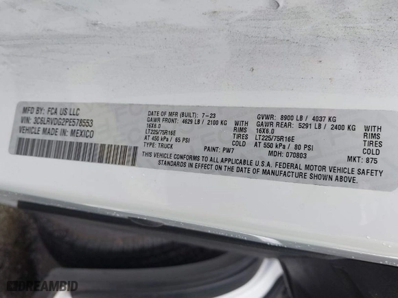 2023 Ram ProMaster Cargo Van with VIN 3C6LRVDG2PE578553, listed as a IAAI auction lot 41353448 with 29,380 mi miles. Bid and sale history available at carsss.com. Image 9.