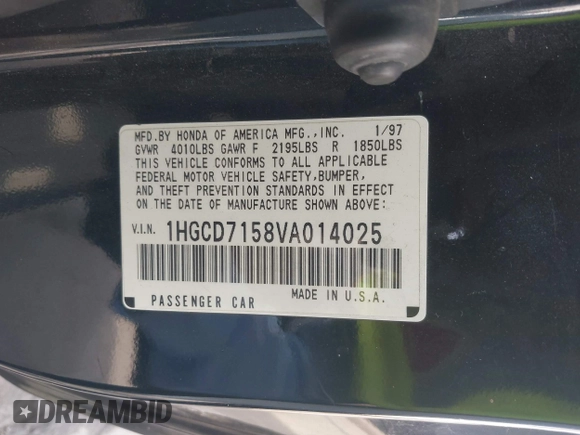 1997 Honda Accord EX with VIN 1HGCD7158VA014025, listed as a IAAI auction lot 41582343 with 302,660 mi miles and . Bid and sale history available at carsss.com. Image 9.