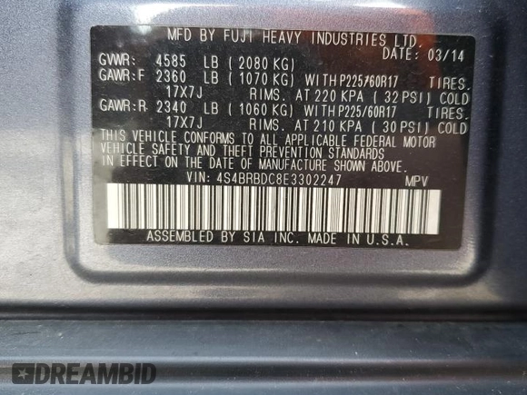 2014 Subaru Outback 2.5i Premium with VIN 4S4BRBDC8E3302247, listed as a Copart auction lot 51317175 with 191,662 mi miles and Salvage Title. Bid and sale history available at carsss.com. Image 15.