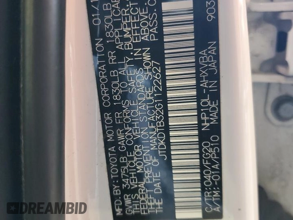 2016 Toyota Prius One with VIN JTDKDTB32G1122627, listed as a Copart auction lot 53493745 with 85,455 mi miles and Clean Title. Bid and sale history available at DreamBid. Image 12.