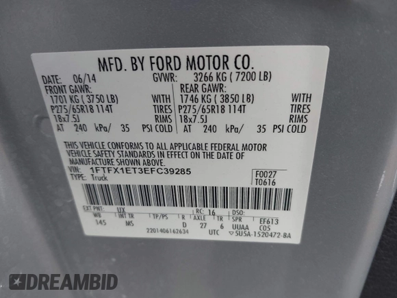 2014 Ford F-150 XL with VIN 1FTFX1ET3EFC39285, listed as a IAAI auction lot 41390024 with 217,856 mi miles. Bid and sale history available at carsss.com. Image 9.