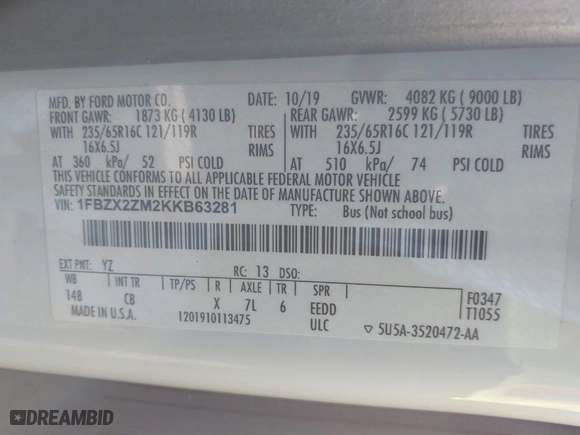 2019 Ford Transit Passenger Wagon XL with VIN 1FBZX2ZM2KKB63281, listed as a IAAI auction lot 41859263 with 39,294 mi miles. Bid and sale history available at carsss.com. Image 9.