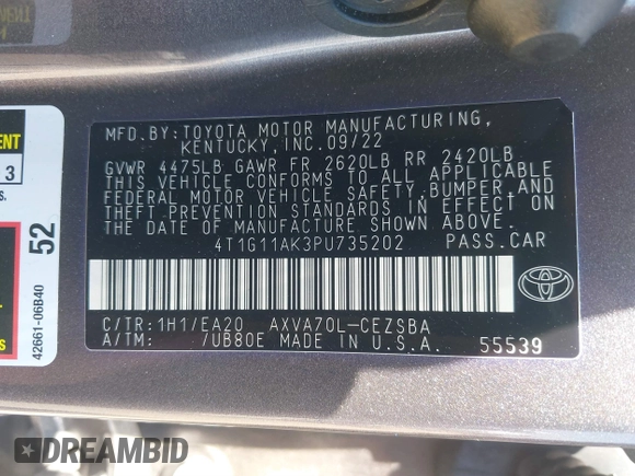 2023 Toyota Camry SE z VIN 4T1G11AK3PU735202, wystawiony jako IAAI lot #41874542 z przebiegiem 54 708 mil mil oraz . Historia ofert i sprzedaży dostępna na DreamBid. Obrazek 9.