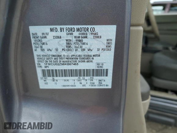 2008 Ford Escape XLS with VIN 1FMCU02Z98KB67465, listed as a Copart auction lot 53010045 with 189,367 mi miles and Clean title. Bid and sale history available at DreamBid. Image 13.