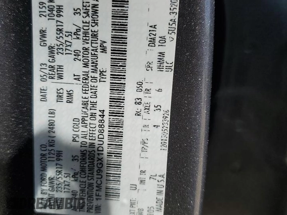 2013 Ford Escape SE with VIN 1FMCU9GX1DUD88844, listed as a Copart auction lot 55165105 with 179,749 mi miles and Salvage title. Bid and sale history available at DreamBid. Image 13.