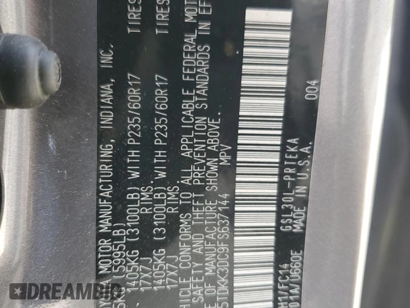2015 Toyota Sienna LE AAS with VIN 5TDKK3DC9FS637144, listed as a Copart auction lot 59624495 with 151,681 mi miles and Salvage title. Bid and sale history available at DreamBid. Image 13.
