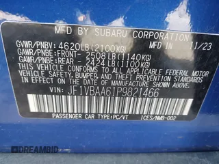 2023 Subaru WRX with VIN JF1VBAA61P9821466, listed as a IAAI auction lot 42091245 with 28,278 mi miles and . Bid and sale history available at DreamBid. Image 9.