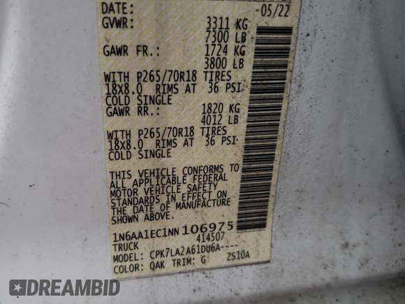 2022 Nissan Titan S with VIN 1N6AA1EC1NN106975, listed as a Copart auction lot 86409054 with 97,950 mi miles and Clean title. Bid and sale history available at DreamBid. Image 12.