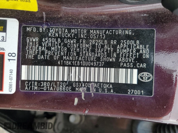 2013 Toyota Avalon XLE with VIN 4T1BK1EB1DU049737, listed as a Copart auction lot 50915905 with 109,535 mi miles and Salvage Title. Bid and sale history available at DreamBid. Image 12.