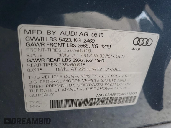 2016 Audi Q5 Premium with VIN WA1C2AFP1GA011900, listed as a Copart auction lot 60436605 with 64,498 mi miles and Salvage title. Bid and sale history available at DreamBid. Image 13.