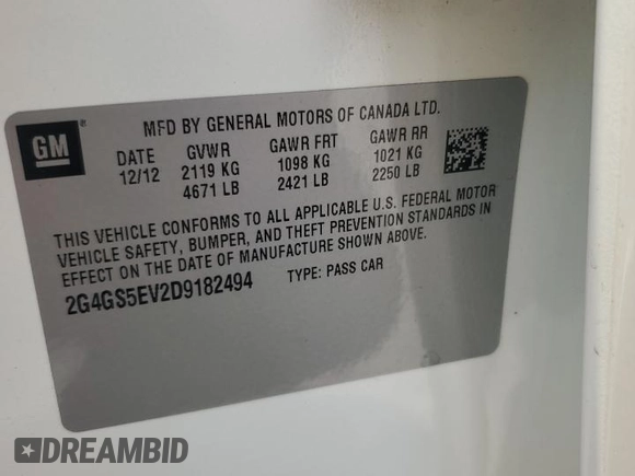 2013 Buick Regal Turbo Premium 1 с VIN 2G4GS5EV2D9182494, выставлен на аукционе Copart как лот 60567205 с пробегом 86 402 миль миль и Списание • Salvage title. История ставок и продаж доступна на DreamBid. Изображение 12.
