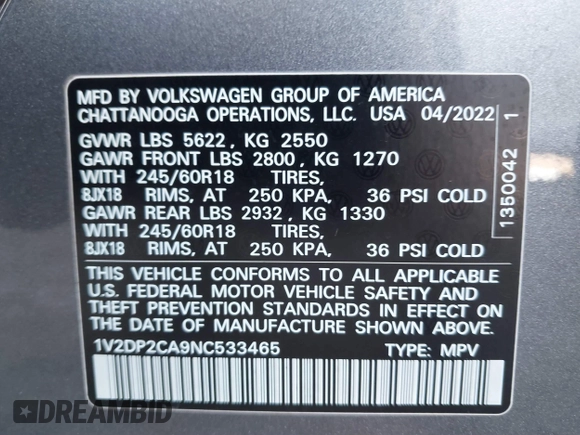 2022 Volkswagen Atlas SE with VIN 1V2DP2CA9NC533465, listed as a IAAI auction lot 41108974 with 74,684 mi miles and . Bid and sale history available at DreamBid. Image 7.