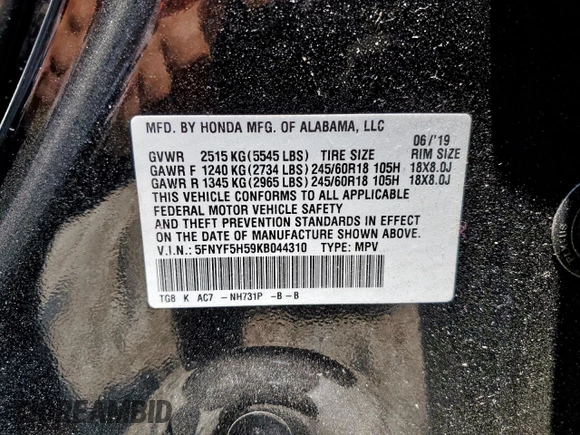 2019 Honda Pilot EX-L with VIN 5FNYF5H59KB044310, listed as a Copart auction lot 58580895 with 210,131 mi miles and Salvage title. Bid and sale history available at DreamBid. Image 13.