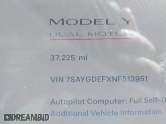 2022 Tesla Model Y Performance with VIN 7SAYGDEFXNF513951, listed as a IAAI auction lot 41986001 with 37,225 mi miles and . Bid and sale history available at DreamBid. Image 14.