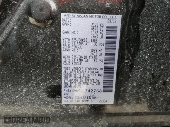 2016 Nissan Rogue SL with VIN 5N1AT2MV9GC742768, listed as a Copart auction lot 48130555 with 53,733 mi miles and Salvage Title. Bid and sale history available at DreamBid. Image 13.