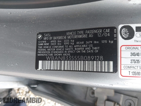 2005 BMW 5 Series 545i with VIN WBANB33555B089128, listed as a IAAI auction lot 42157702 with 206,362 mi miles and . Bid and sale history available at carsss.com. Image 9.