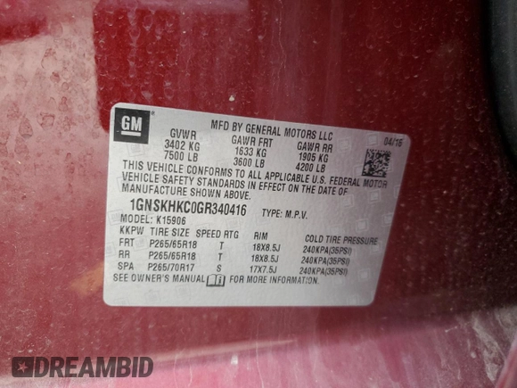 2016 Chevrolet Suburban LT with VIN 1GNSKHKC0GR340416, listed as a Copart auction lot 51178395 with 79,588 mi miles and Salvage Title. Bid and sale history available at DreamBid. Image 15.