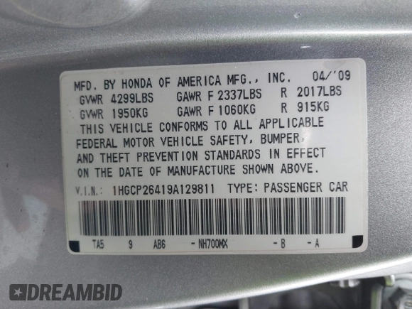 2009 Honda Accord LX-P z VIN 1HGCP26419A129811, wystawiony jako IAAI lot #41575565 z przebiegiem 211 049 mil mil oraz . Historia ofert i sprzedaży dostępna na DreamBid. Obrazek 9.