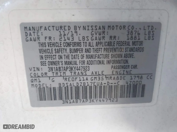 2019 Nissan Sentra S with VIN 3N1AB7AP3KY447923, listed as a IAAI auction lot 41883825 with 66,232 mi miles. Bid and sale history available at carsss.com. Image 9.