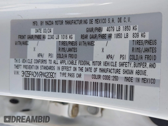 2024 Mazda 3 S Preferred with VIN 3MZBPACMXRM420901, listed as a IAAI auction lot 42101021 with 6,443 mi miles and . Bid and sale history available at DreamBid. Image 9.