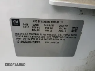 2017 Chevrolet Impala Premier with VIN 1G1145S39HU200966, listed as a Copart auction lot 57333045 with 86,301 mi miles and Salvage title. Bid and sale history available at DreamBid. Image 12.