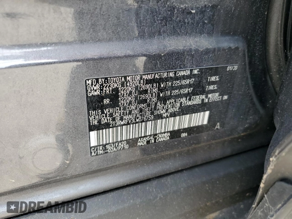 2020 Toyota RAV4 Hybrid XLE with VIN 2T3RWRFV3LW076759, listed as a Copart auction lot 60330435 with 128,274 mi miles and Salvage title. Bid and sale history available at DreamBid. Image 13.