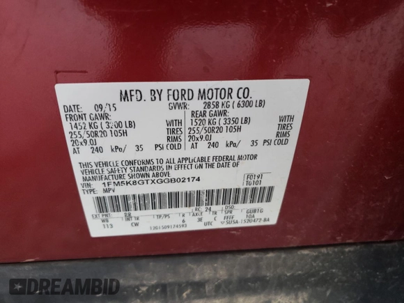 2016 Ford Explorer Sport z VIN 1FM5K8GTXGGB02174, wystawiony jako Copart lot #57963255 z przebiegiem 154 919 mil mil oraz Szkoda całkowita • Salvage title. Historia ofert i sprzedaży dostępna na DreamBid. Obrazek 14.