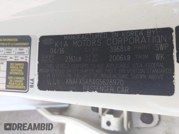2016 Kia Forte EX with VIN KNAFX5A84G5628970, listed as a IAAI auction lot 42098764 with 92,003 mi miles and . Bid and sale history available at DreamBid. Image 9.