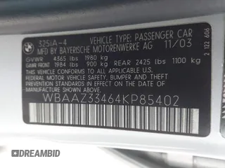 2004 BMW 3 Series 325i with VIN WBAAZ33464KP85402, listed as a IAAI auction lot 42643413 with 48,706 mi miles and . Bid and sale history available at DreamBid. Image 9.