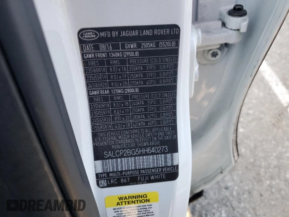2017 Land Rover Discovery Sport SE with VIN SALCP2BG5HH640273, listed as a Copart auction lot 86203604 with 87,028 mi miles and Salvage Title. Bid and sale history available at carsss.com. Image 14.