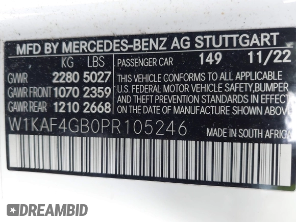 2023 Mercedes-Benz C 300 with VIN W1KAF4GB0PR105246, listed as a IAAI auction lot 41911499 with 33,613 mi miles and . Bid and sale history available at DreamBid. Image 9.