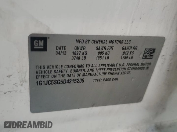 2013 Chevrolet Sonic LT with VIN 1G1JC5SG5D4215206, listed as a Copart auction lot 51669305 with 171,604 mi miles and Salvage Title. Bid and sale history available at DreamBid. Image 12.