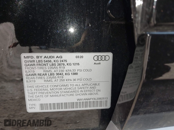 2020 Audi Q5 Premium with VIN WA1ANAFY3L2082513, listed as a IAAI auction lot 41912993 with 7,958 mi miles. Bid and sale history available at carsss.com. Image 9.