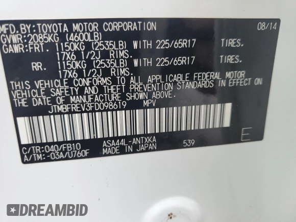 2015 Toyota RAV4 LE with VIN JTMBFREV3FD098619, listed as a Copart auction lot 52030325 with 296,877 mi miles and Clean Title. Bid and sale history available at carsss.com. Image 13.