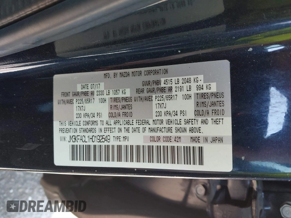 2017 Mazda CX-5 Touring with VIN JM3KFACL1H0192549, listed as a IAAI auction lot 41667781 with 89,030 mi miles. Bid and sale history available at carsss.com. Image 9.