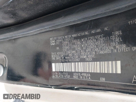 2006 Toyota Tundra Limited with VIN 5TBDT481X6S550947, listed as a IAAI auction lot 42063280 with 145,031 mi miles and . Bid and sale history available at DreamBid. Image 9.