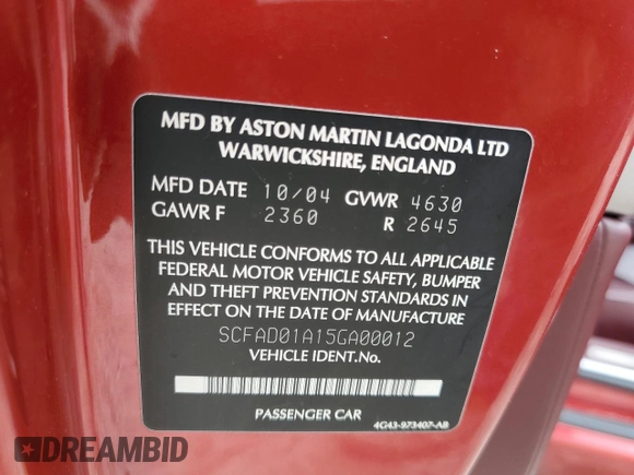 2005 Aston Martin DB9 z VIN SCFAD01A15GA00012, wystawiony jako Copart lot #65919164 z przebiegiem Nie podano mil oraz Szkody całkowita. Historia ofert i sprzedaży dostępna na DreamBid. Obrazek 12.