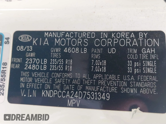 2013 Kia Sportage EX with VIN KNDPCCA24D7531349, listed as a IAAI auction lot 41601181 with 97,004 mi miles and . Bid and sale history available at DreamBid. Image 9.
