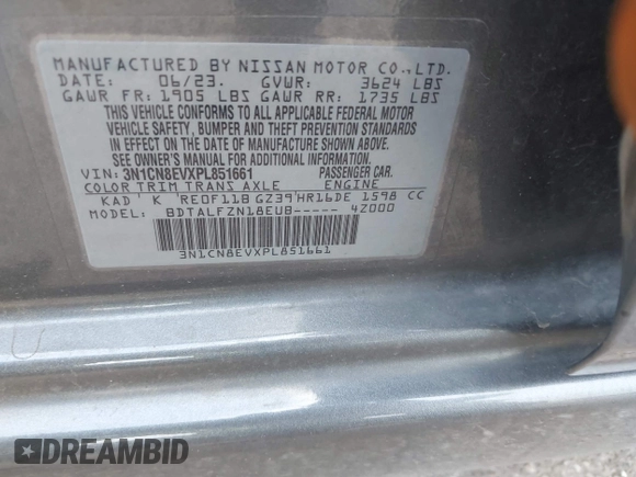 2023 Nissan Versa SV z VIN 3N1CN8EVXPL851661, wystawiony jako IAAI lot #41929200 z przebiegiem 52 370 mil mil oraz . Historia ofert i sprzedaży dostępna na DreamBid. Obrazek 9.
