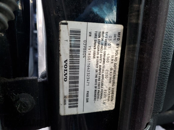 2004 Volvo S60 with VIN YV1RS61T642323471, listed as a Copart auction lot 83205844 with 193,096 mi miles and Salvage Title. Bid and sale history available at carsss.com. Image 14.