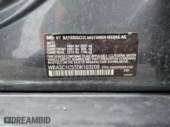 2013 BMW 3 Series 328i z VIN WBA3C1C51DK103209, wystawiony jako Copart lot #51299565 z przebiegiem 107 528 mil mil oraz Szkody całkowita. Historia ofert i sprzedaży dostępna na DreamBid. Obrazek 14.
