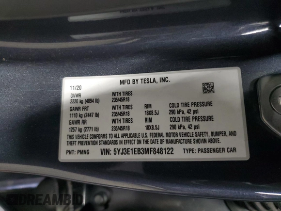 2021 Tesla Model 3 Long Range z VIN 5YJ3E1EB3MF848122, wystawiony jako Copart lot #56423005 z przebiegiem 57 619 mil mil oraz Szkoda całkowita • Salvage title. Historia ofert i sprzedaży dostępna na DreamBid. Obrazek 12.