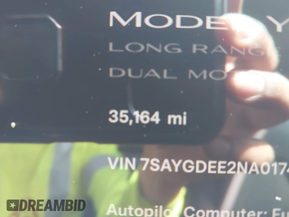 2022 Tesla Model Y Long Range with VIN 7SAYGDEE2NA017434, listed as a IAAI auction lot 41842025 with 35,164 mi miles and . Bid and sale history available at DreamBid. Image 15.