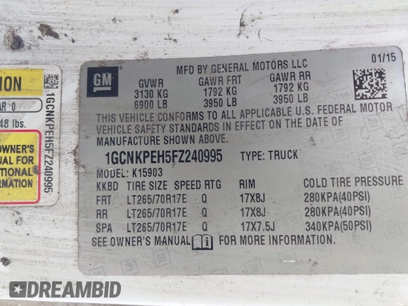 2015 Chevrolet Silverado 1500 Work Truck with VIN 1GCNKPEH5FZ240995, listed as a IAAI auction lot 41571561 with 56,149 mi miles. Bid and sale history available at carsss.com. Image 9.