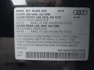 2019 Audi Q5 Premium Plus with VIN WA1BNAFY0K2079460, listed as a IAAI auction lot 42468889 with 89,306 mi miles and . Bid and sale history available at DreamBid. Image 9.