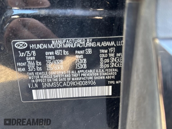 2019 Hyundai Santa Fe Ultimate with VIN 5NMS5CAD9KH008906, listed as a Copart auction lot 41676125 with 176,926 mi miles and Clean Title. Bid and sale history available at carsss.com. Image 10.